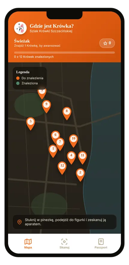 Podgląd aplikacji „Gdzie jest Krówka?” – mapa szlaku z 12 pinezkami