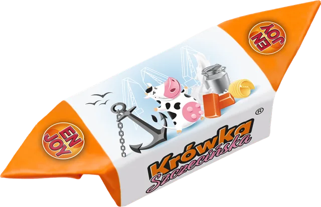 Cukierek Krówka Szczecińska w charakterystycznym opakowaniu