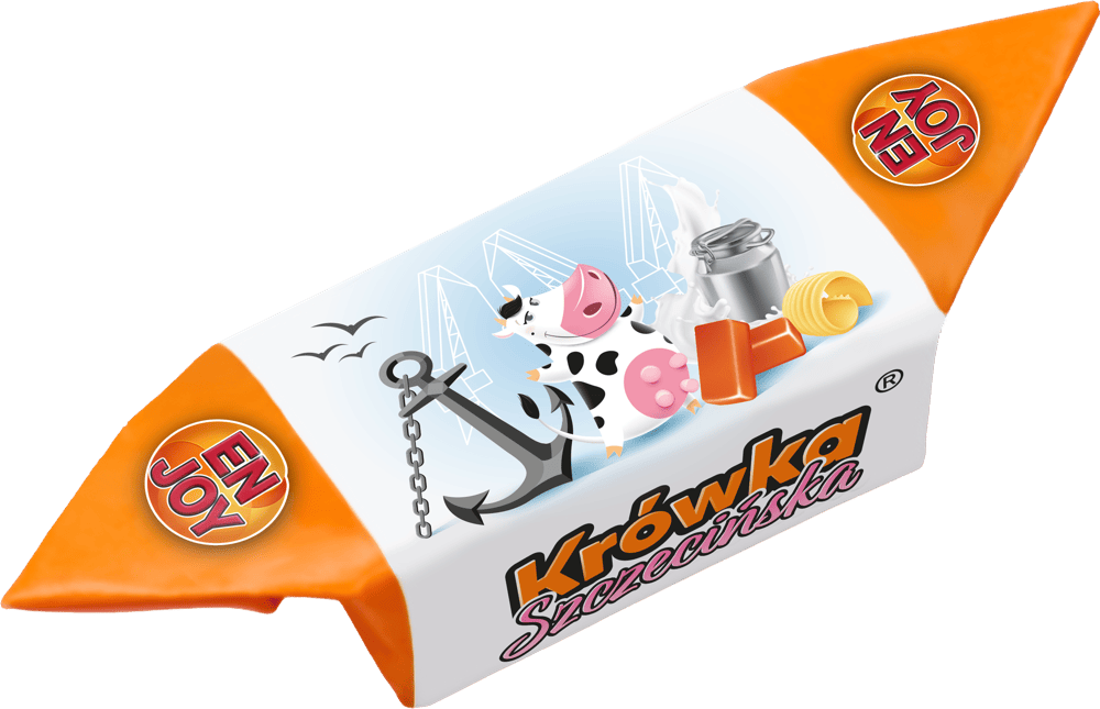 Cukierek Krówka Szczecińska w charakterystycznym opakowaniu